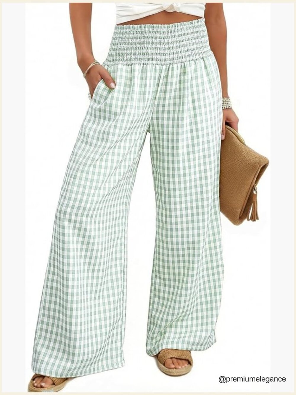 Striped Gingham Wide Leg Pants with Pockets High Waisted Smocked